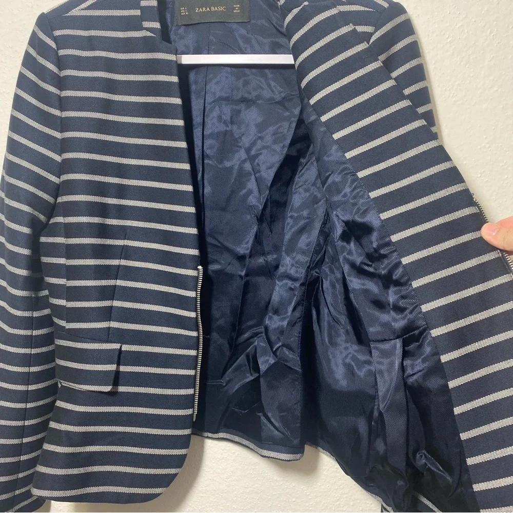 Zara Blue Striped Peplum Pocket Career Blazer Jacket, Large NEW - Picture 6 of 14
